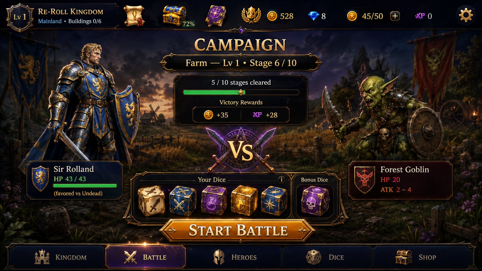 Campaign matchup screen in ReRoll Kingdom: Sir Rolland faces a Forest Goblin, with the dice loadout and victory rewards shown before the fight