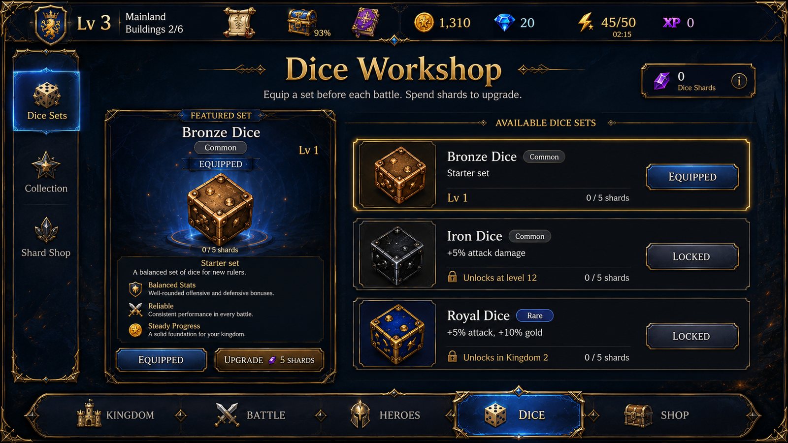 Dice Workshop screen in ReRoll Kingdom showing the equipped Bronze set and locked sets to unlock