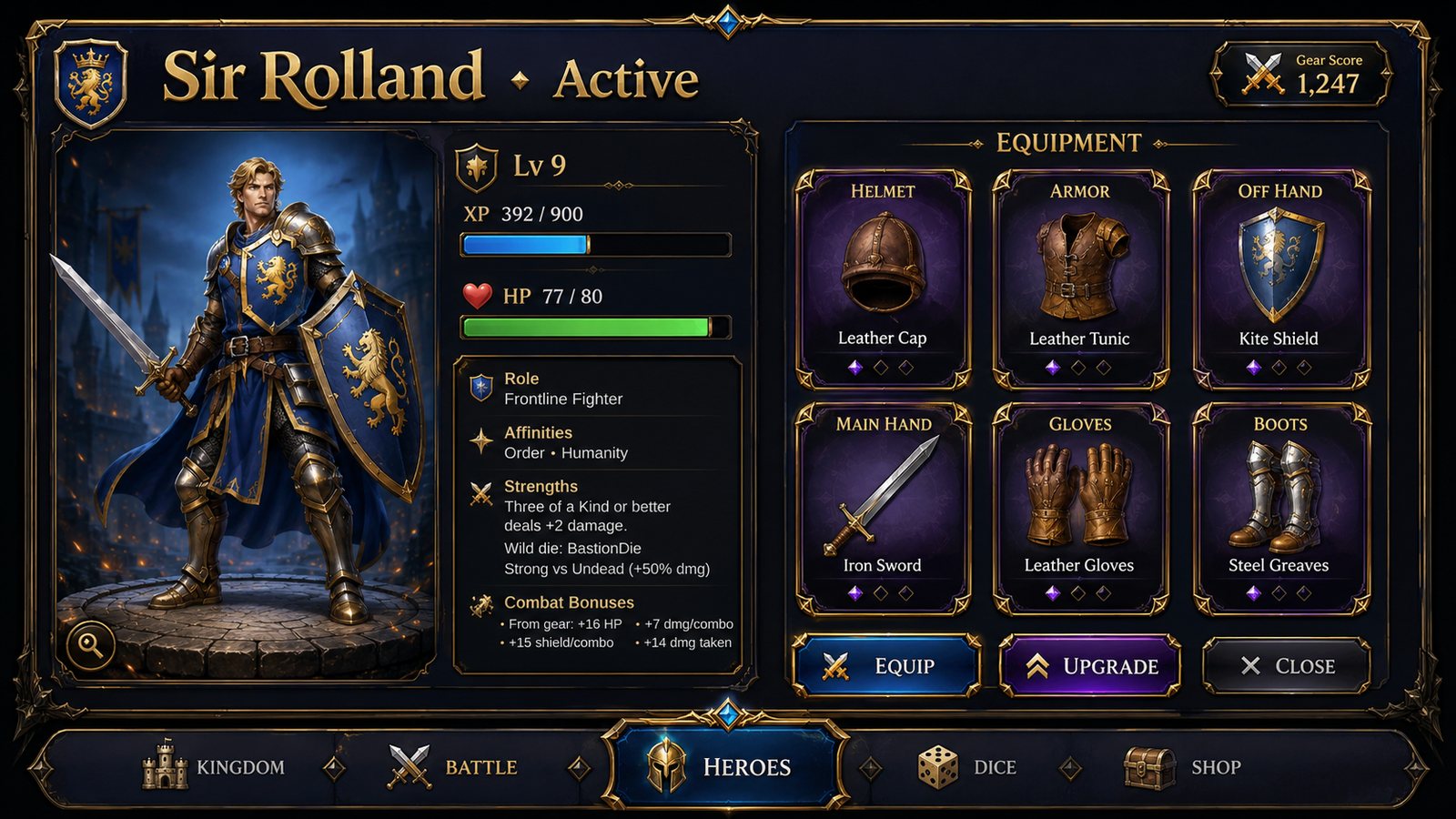 Hero detail screen in ReRoll Kingdom showing Sir Rolland's level, stats and six equipment slots