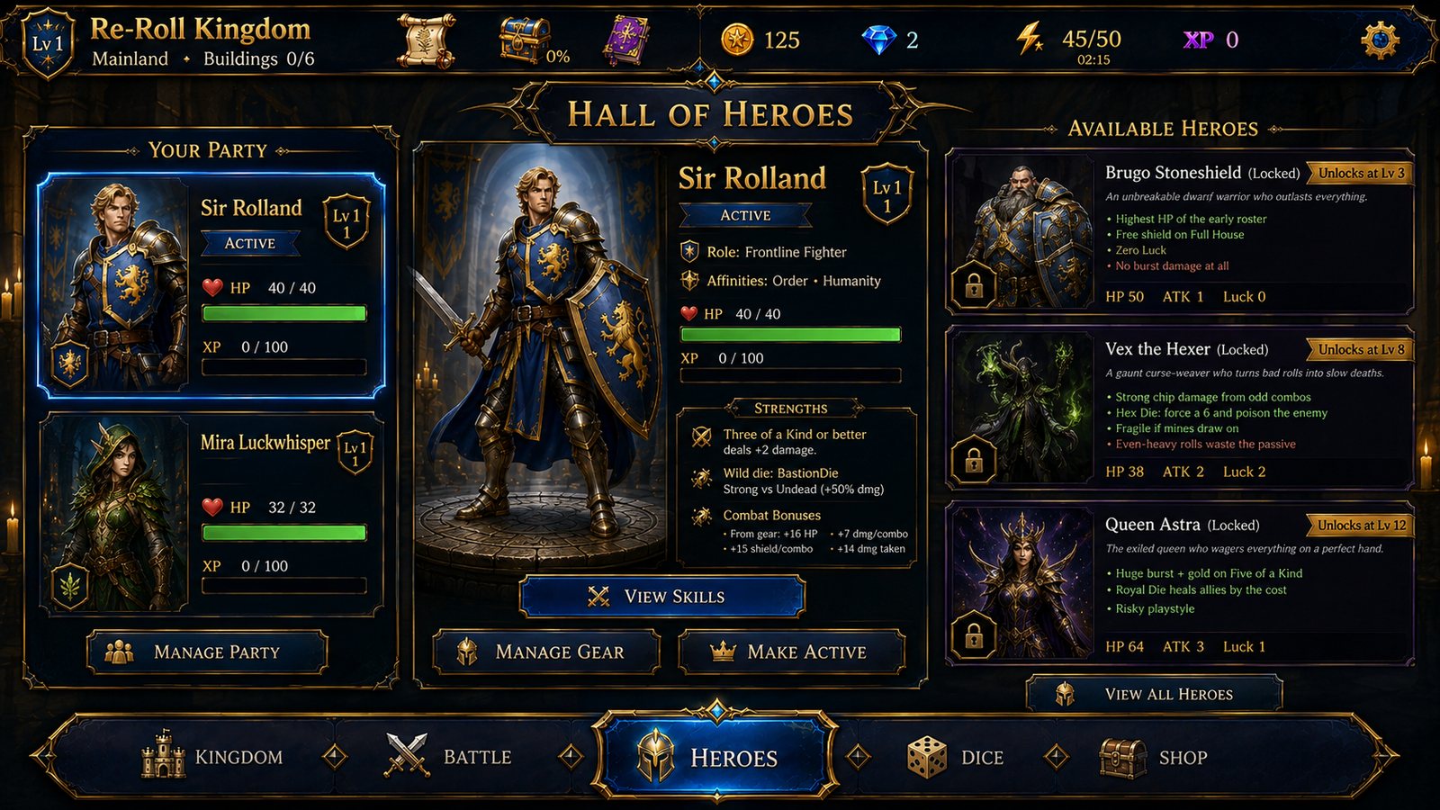 Hall of Heroes in ReRoll Kingdom showing the active party alongside heroes still to unlock