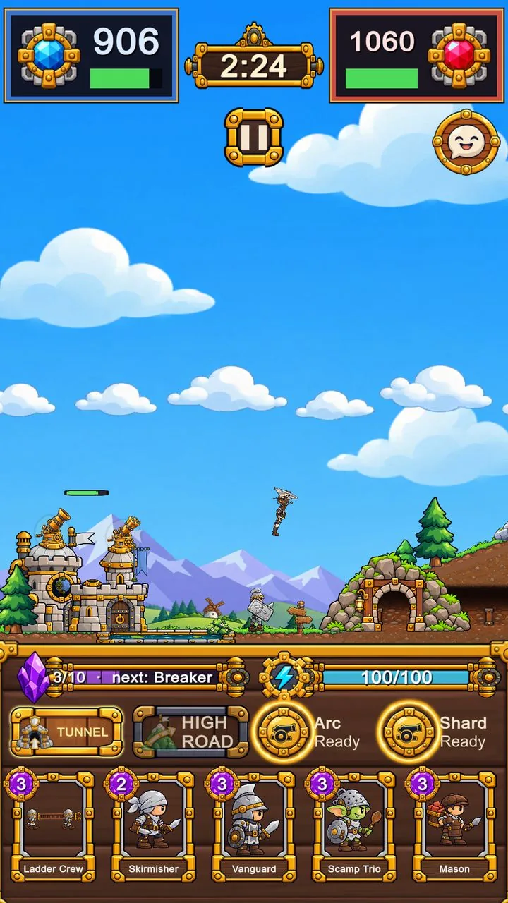 A Siegebop battle: the blue fortress defends its moat while knights, a glider and the cannons fight for the lane