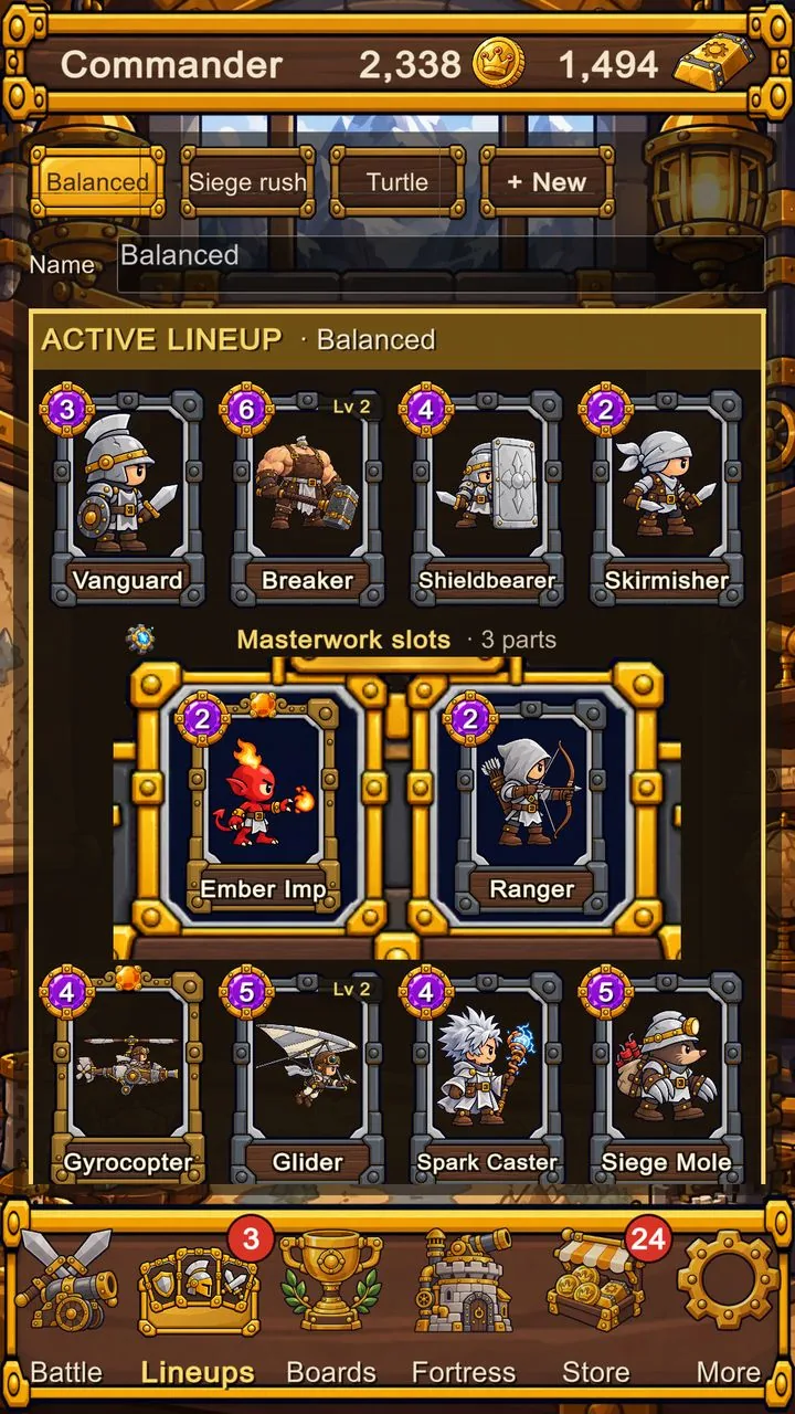 The Siegebop Lineups screen: an active lineup of ten cards with two Masterwork slots