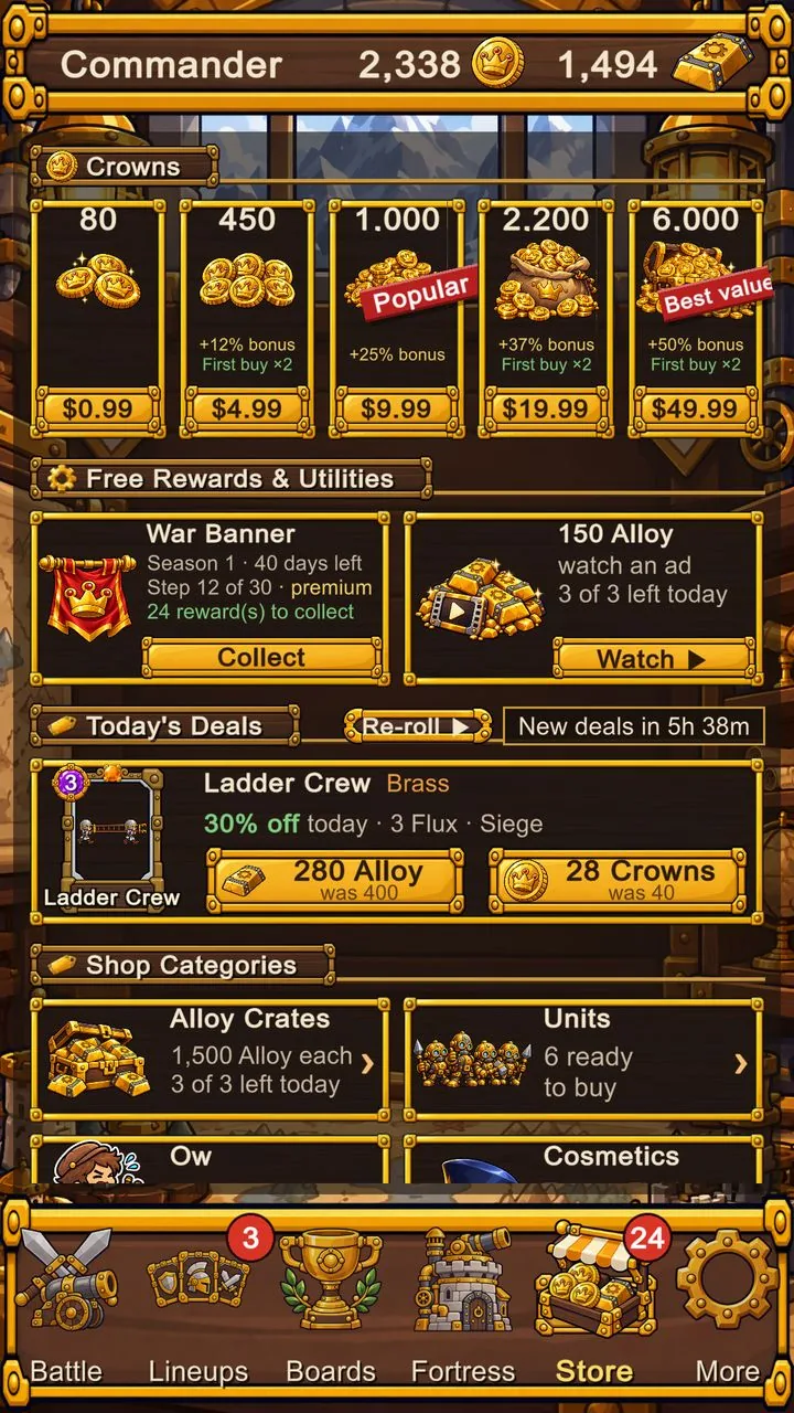 The Siegebop Store with Crowns, free rewards, daily deals and shop categories