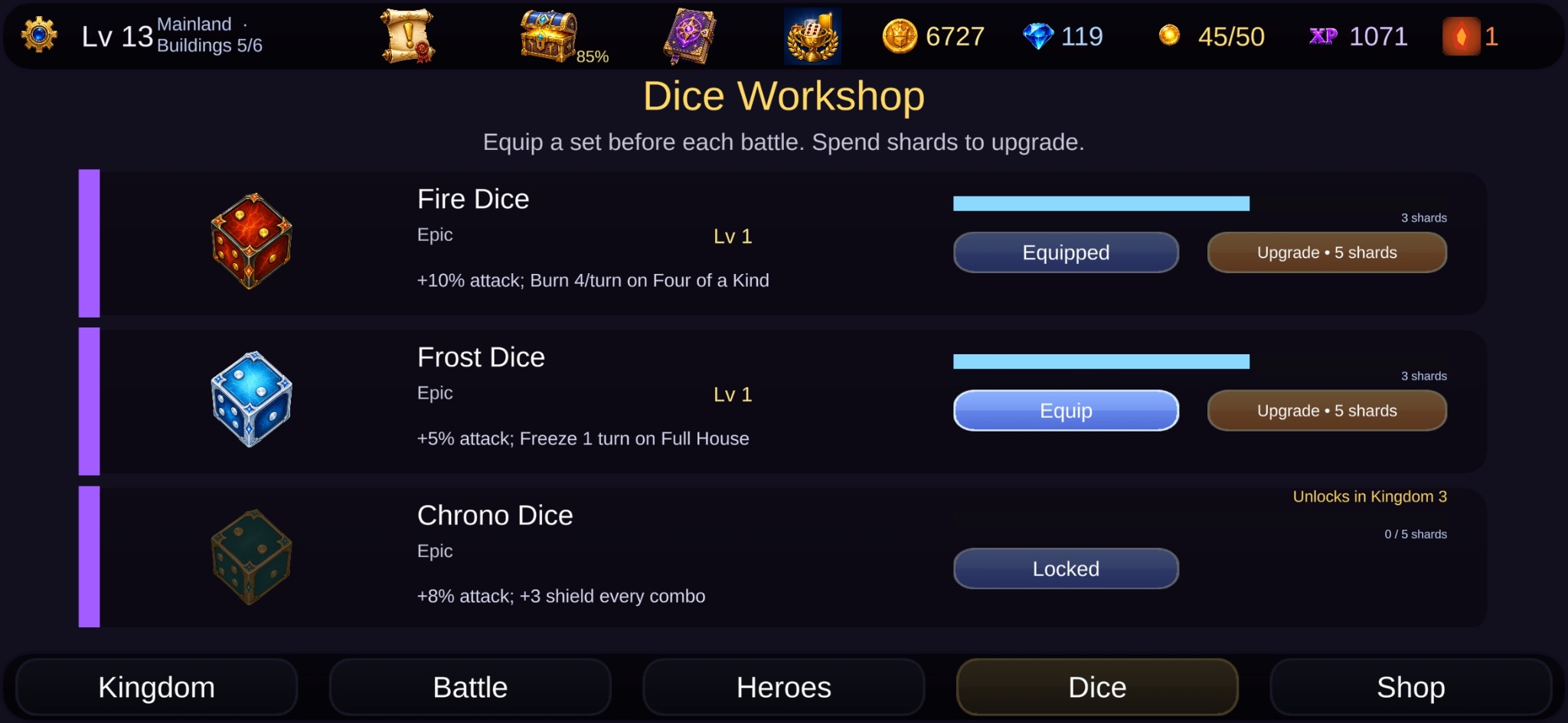 Dice Workshop screen in ReRoll Kingdom