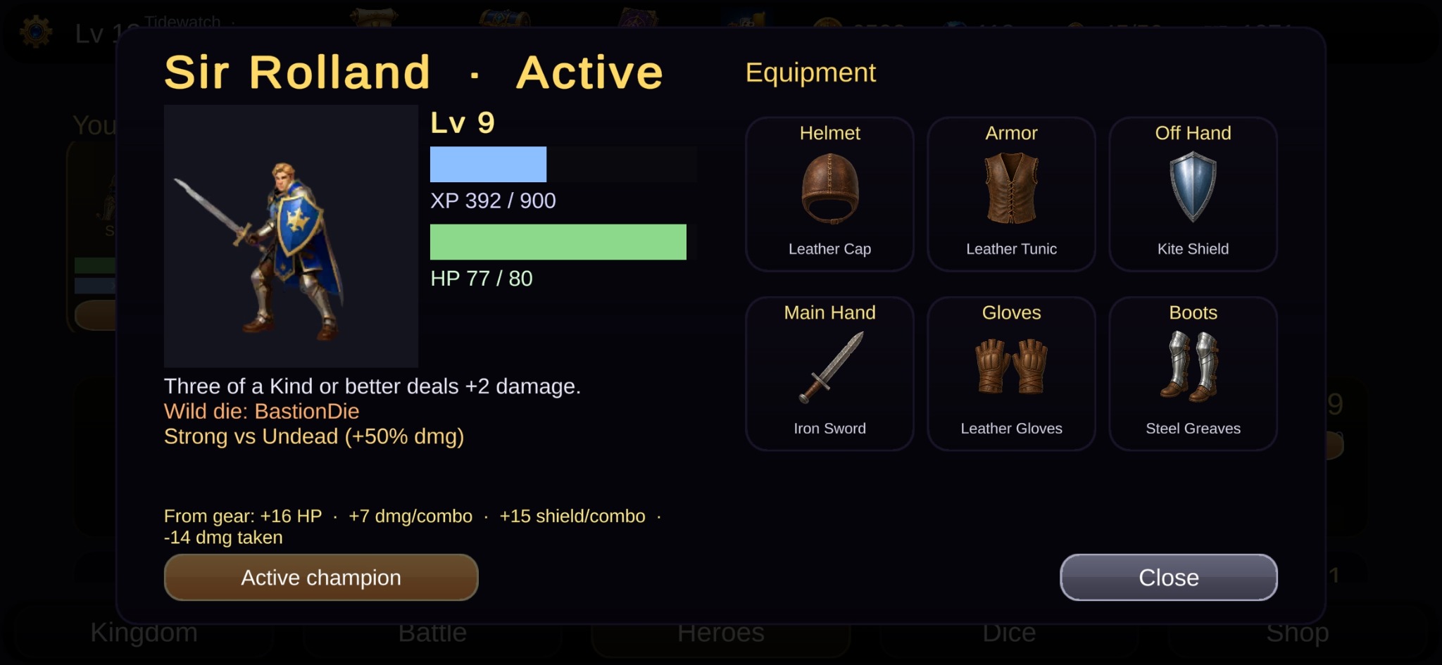 Hero details and equipment in ReRoll Kingdom