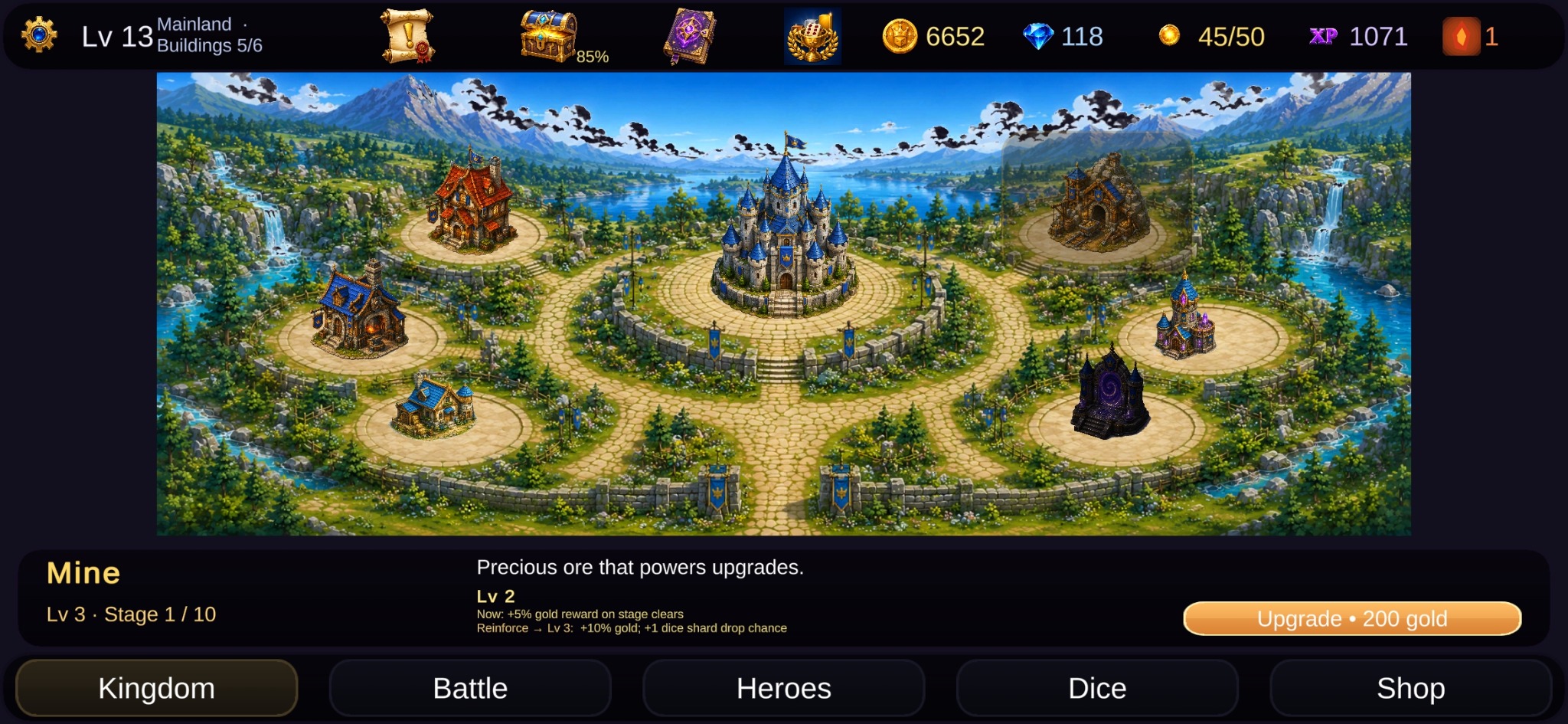The kingdom map with buildings to upgrade